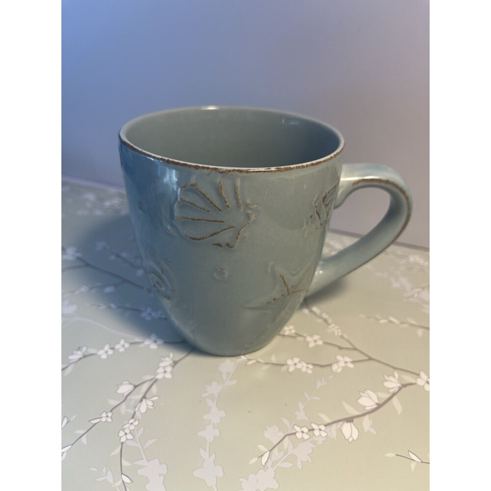 Thompson Pottery Hampton Cape Cod Aqua Blue Sea Shell Coffee Mugs Set of 2 - Picture 2 of 6